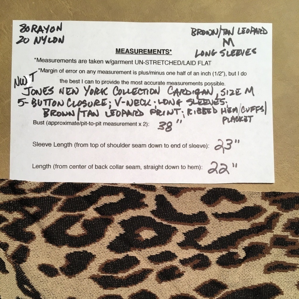 JONES NEW YORK Cardigan, NWT, Long Sleeves, BROWN/TAN LEOPARD, Size M - Picture 8 of 8